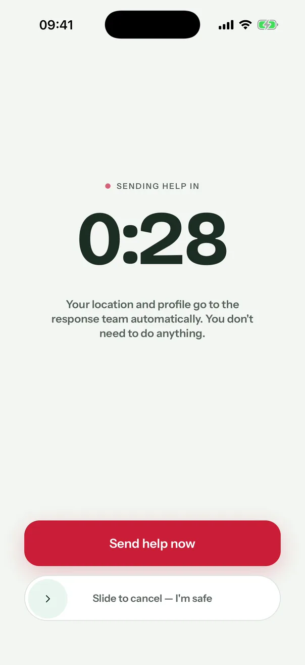 ELA countdown screen: Sending help in 0:28, your location and profile go to the response team automatically, a Send help now button and a Slide to cancel, I'm safe control