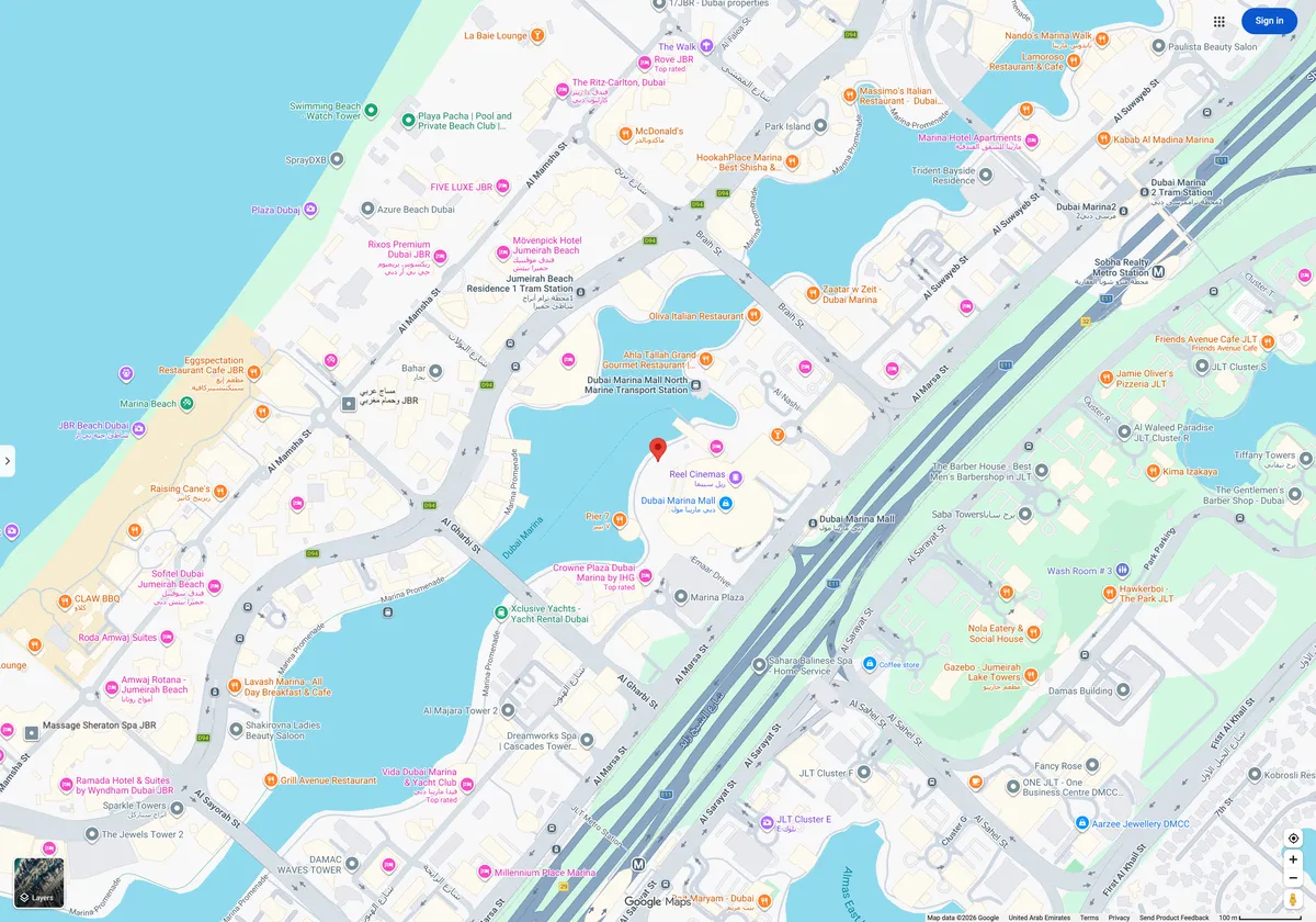 The map the private link opens: a live location pin in Dubai Marina on Google Maps